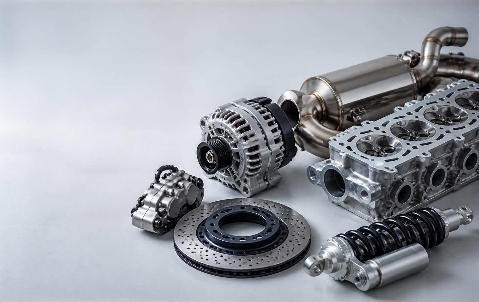 Brake caliper, alternator, exhaust, cylinder head and motorcycle shock absorber arranged on a light background