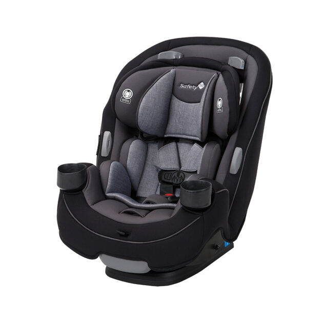 A baby car seat with the front facing back.