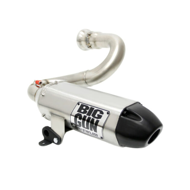 A motorcycle exhaust system with a big gun logo.