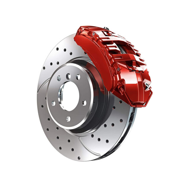 A red car brake disc with two calipers on it.