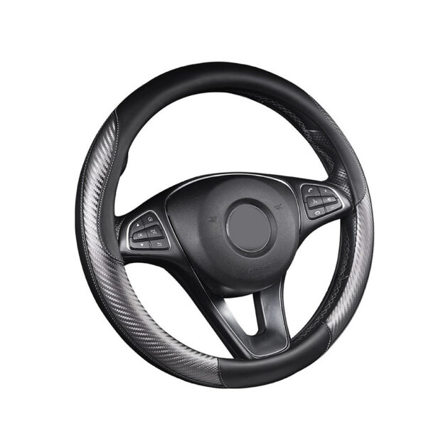 A steering wheel with black and silver leather.