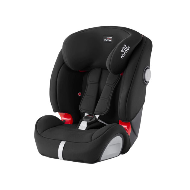 A black car seat with red safety latches.