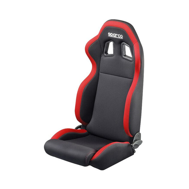 A black and red racing seat with the word " race " on it.